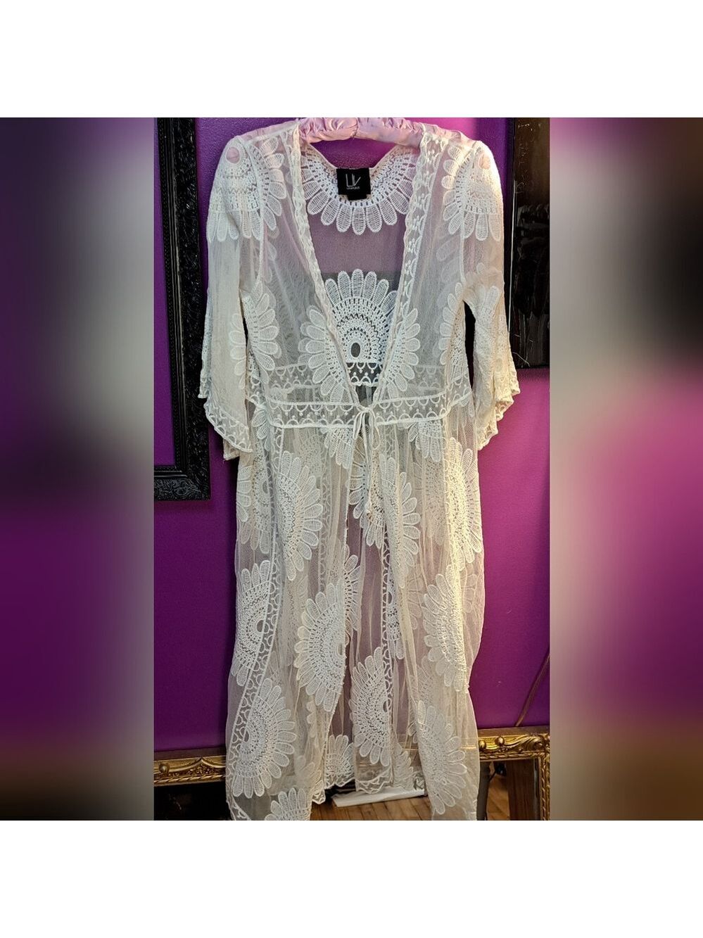 Liv Los Angeles White Crochet  Long Sheer Jacket. Tie Close. Super Flowey. S/M